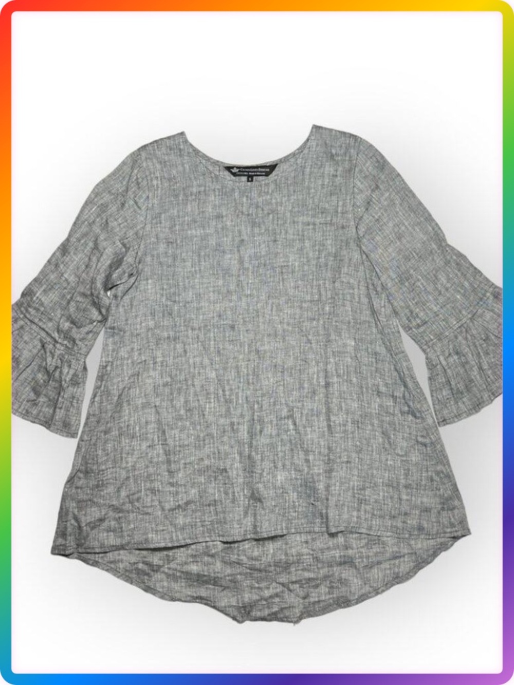 Crown Linen Designs Shirt Dress SIZE S Gray Chambray Bell Sleeve Linen